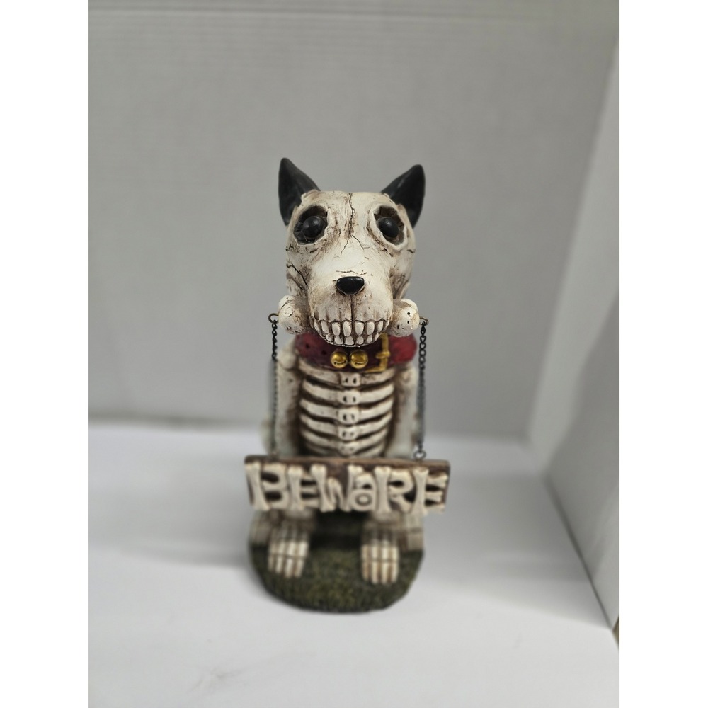 Spirit Halloween Spencers Skeleton Dog LED Light Up Beware Sign Figurine 9.25in